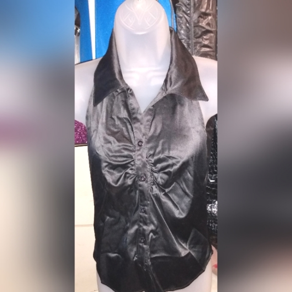 "San Julian" Black Satin Button-Up Halter Top